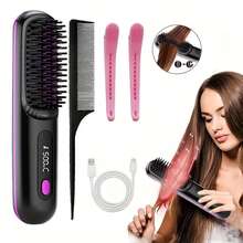 Cordless Hair Straightener Brush, Rechargeable Hot Comb Hair Straightener With 3 Temp Settings, Anti-Scald Portable Hair Straightening Brush With Negative Ions For Home Travel - màu đen - Xem 1