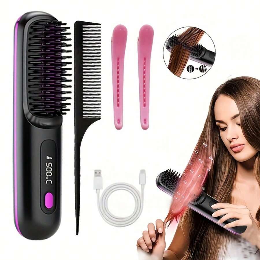 Cordless Hair Straightener Brush, Rechargeable Hot Comb Hair Straightener With 3 Temp Settings, Anti-Scald Portable Hair Straightening Brush With Negative Ions For Home Travel - màu đen - Xem 1