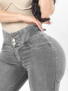 Women's High Waist High Elasticity Button Yoga Lifting Solid Color Jeans Casual Spring - Light Grey - View 3
