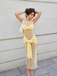 女士时尚浅黄色薄纱网纱长裙，扭结前襟，系带腰身，返校季，秋季女装，优雅女装，Y2K，2000年代 - 黃色 - 查看 3