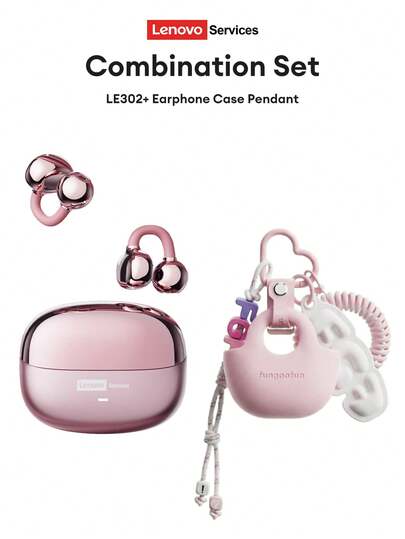  Lenovo LE302 Bluetooth Earphones, Clip-On Style With Protective Case, Open-Ear Design With Surround Sound, High-Quality Audio, Low Latency, Music, Gaming, Directional Audio, ENC Noise Cancellation, Clear Calls, Wireless Earphones Compatible With Smartphones & Computers, Ideal Gift