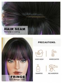 AKAKO 12英寸短款黑色刘海直发波波头假发，黑色混紫色挑染，全机织柔软耐热合成纤维，色彩缤纷的动漫角色扮演假发，适合日常佩戴、节日、音乐节、角色扮演派对等场合，打造前卫的Y2K和哥特街头风格。 - 挑染紫色 - 查看 6