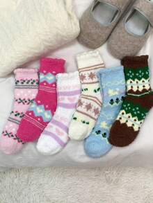 1/6 Pairs Fluffy Coral Fleece Thick Warm Crew Socks For Home/Indoor Wear, Autumn/Winter - Multicolor - View 16