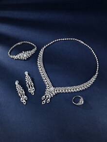 Platinum Plated Cubic Zirconia Main Stone Floral Necklace Set, Necklace, Earrings, Ring, Bracelet, Suitable For Women's Party And Daily Wear - Platinum Short Tail Floral Four-piece Set - View 4