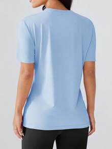 1pc Women's Round Neck Short Sleeve Top, Suitable For Fitness, Training And Casual Wear - Comfortable Fitness T-Shirt For All Seasons, Fitness, Running, Tennis, Outdoor, Hiking, Casual Undershirt - Baby Blue - View 2