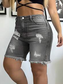 Plus Size Mid-Rise Wash With Water Denim Biker Shorts For Women, Oversized Ripped Distressed Design With Frayed Hem, High-Street Casual Stretch Fit - Màu Xám nhạt - Xem 2