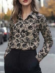 Women's Fashion Snake Skin Print Button Down Collar Long Sleeve Shirt, Regular Fit, Polyester Fabric - Khaki - View 1