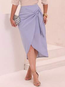 Linen Midi Skirt With Wrap Detail And Elegant Slit - 淺藍色 - 查看 1