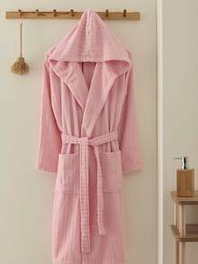 MADE IN TURKEY Hooded Unisex Velvet Cotton Bathrobe – 100% Cotton Small (58x115 Cm)- Medium(62x150 Cm)- Large(66x125 Cm) - XL(70x130 Cm) - Baby Pink - View 5
