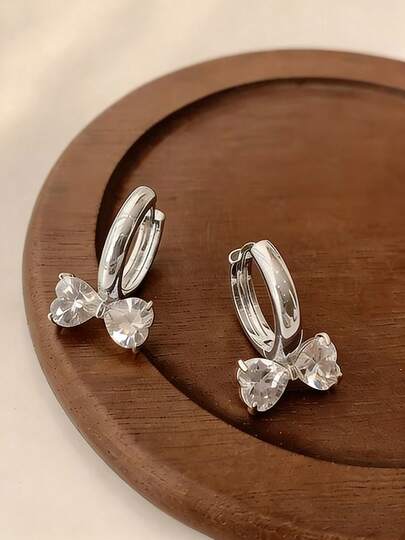 1 Pair Elegant French Bow Design Rhinestone Hoop Earrings, Fashion Delicate Minimalist Jewelry Accessory For Women, Suitable For Casual, Party, Wedding, Valentine's Day Gift