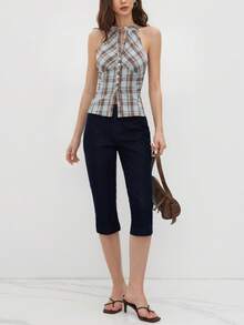 Stand Collar Plaid Ruched Crop Top Summer - Baby Blue - View 7