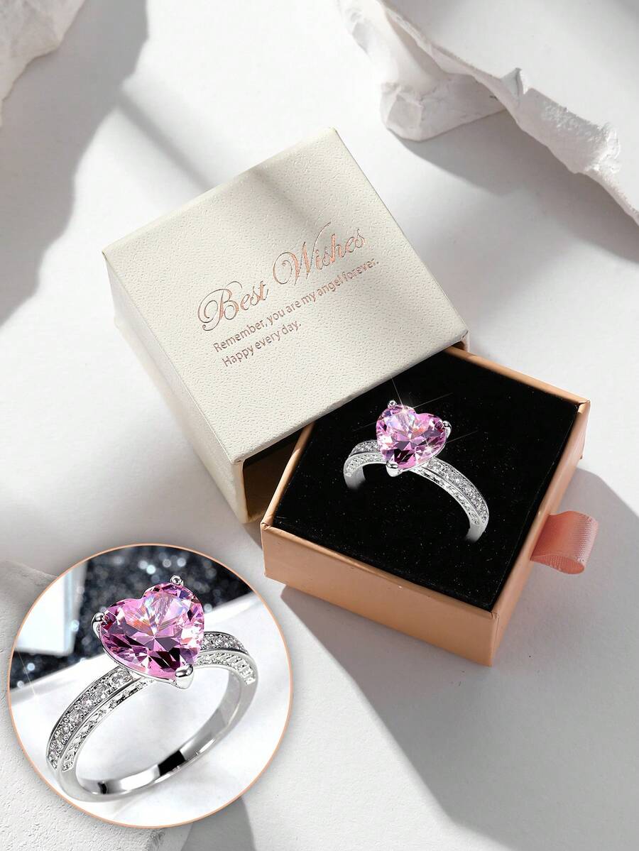 礼盒套装，优雅粉色心形立方氧化锆戒指，女士派对饰品，铜质材质，不褪色且低致敏性，理想的情人节礼物 - 銀色-粉紅鑽 - 查看 1