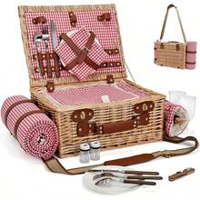 Picnic Basket With Blanket And Wine Pouch For 2 Wicker Picnic Set With Insulated Liner Cooler Bag Hamper For Camping Wedding - Red Gingham - RedGinghamWithBlanketfor2 - View 1