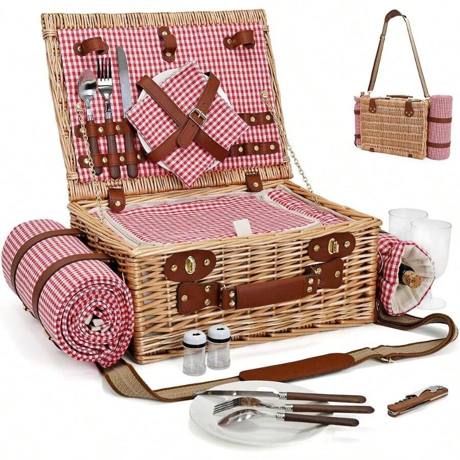 Picnic Basket With Blanket And Wine Pouch For 2 Wicker Picnic Set With Insulated Liner Cooler Bag Hamper For Camping Wedding - Red Gingham - RedGinghamWithBlanketfor2 - View 1