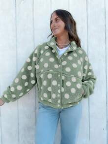 Womens Fall Winter Fleece Jacket Dot Pattern Long Sleeve Lapel Button Down Sherpa Coat - Mint Green - View 4