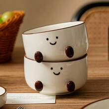 Cabin Kangaroo 1件/2件套可爱笑脸脚陶瓷碗碟套装，高档奶油色餐具，家用，手工釉下彩绘可可豆图案，单人份网红风饭碗和汤碗，乔迁新居礼物 - 彩色 - 查看 7