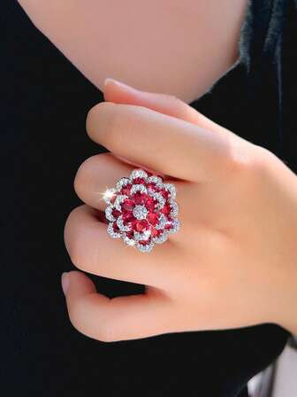 1pc Beautiful Rose Red Flower Cubic Zirconia Open Adjustable Finger Ring, Women Bridal Silver Plated CZ Jewelry For Wedding, Engagement, Banquet, Pageant, Party, Prom, Gift For Girlfriends, Wife, Daughters