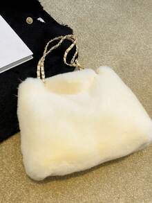 1pc Knitted Chain Fuzzy Tote Bag, Fashion One Shoulder Bag, Large Capacity, Magnetic Closure, Suitable For Women's Daily Use, Autumn/Winter New - Beige - View 8