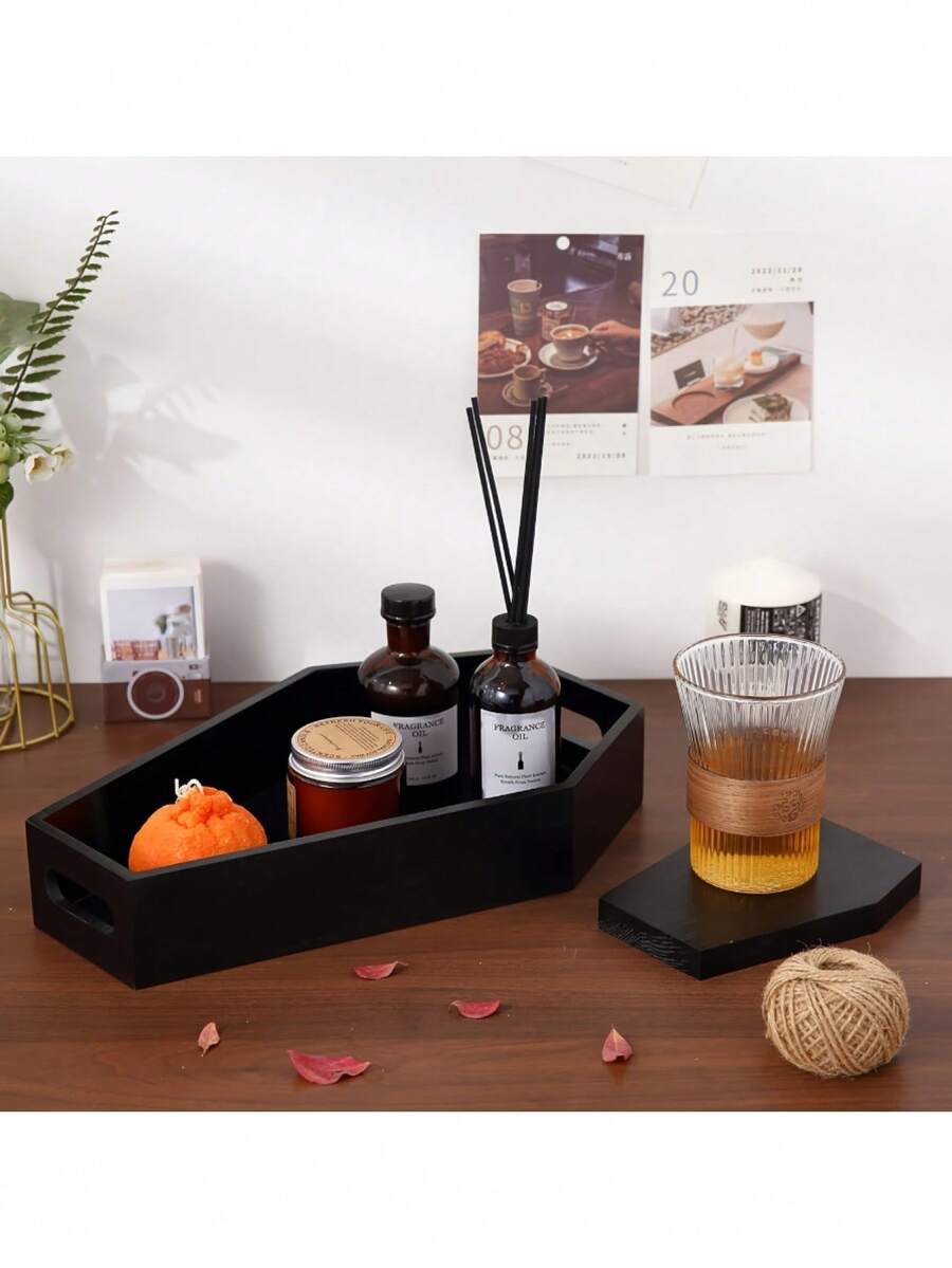 Black Wooden Tray, Coffin-Shaped Tray, Gothic Style, Suitable For Home, Living Room, Office Decor, Mother's Day Party, Spring Graduation, Back To School Decor, Storage & Decor, Holiday Gift, Room Decor, Autumn Home Decor, Halloween Home Decor, Gift For Her, Wedding Table Decor, Jewelry Storage,Makeup Bag,Travel Essential - Black - View 1