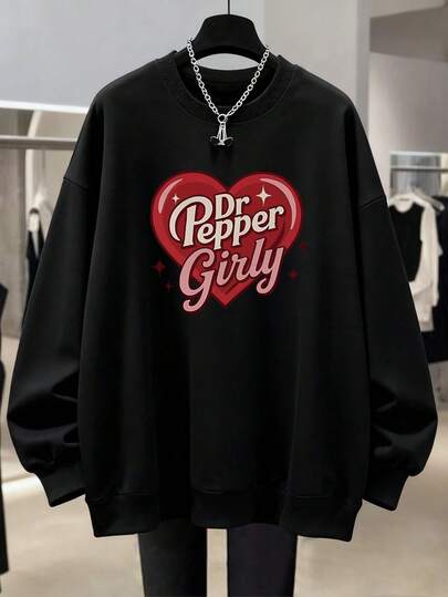 Pepper Girly 红色爱心复古甜美酷炫卫衣，黑色加大码卫衣，带帽绳，口袋，长袖针织面料，冬季保暖内衬，女士卫衣，套头衫，卫衣，加大码卫衣，加大码女装，秋冬季，舒适宽松版型，加大码秋冬服装，日常旅行