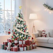 Árbol de Navidad artificial preiluminado de 6ft con luces blancas cálidas, impermeable, flocado, delgado, para decoración navideña en interiores y exteriores, ramas realistas, bajo consumo, incluye soporte resistente. - Verde - Ver 1