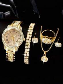 7件套优雅石英手表及珠宝套装，时尚女士圆形手表，水晶项链，耳环，戒指，手链套装（不含礼盒） - 金色 - 查看 1
