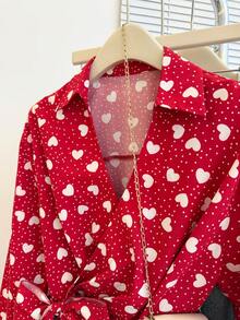 优雅裹身系带蝴蝶结长袖衬衫，修身款，红色爱心设计，适合情人节、通勤、春夏穿着。 - 紅色 - 查看 6