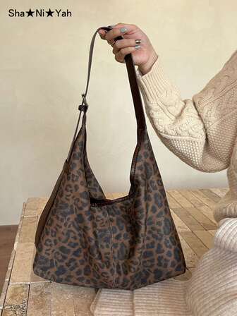 Leopard Print Large Capacity Shoulder Tote Bag, Fashionable Vintage Commuter Crossbody Bag For Women
