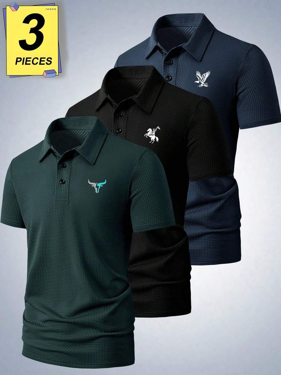 3pcs Stylish Printed Pattern Men's Business Casual Polo Shirts, Plus Size Suitable For Overweight Men, Comfortable Fabric, Suitable For Golf, Tennis, Outdoor Travel, Leisure, Great Gift For Men - Black - View 1