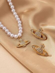 3pcs/Set Fashionable Pearl Shiny Rhinestone Flower & Planet Design Necklace And Earrings Jewelry Set For Women, Valentine's Day - Multicolor - View 7