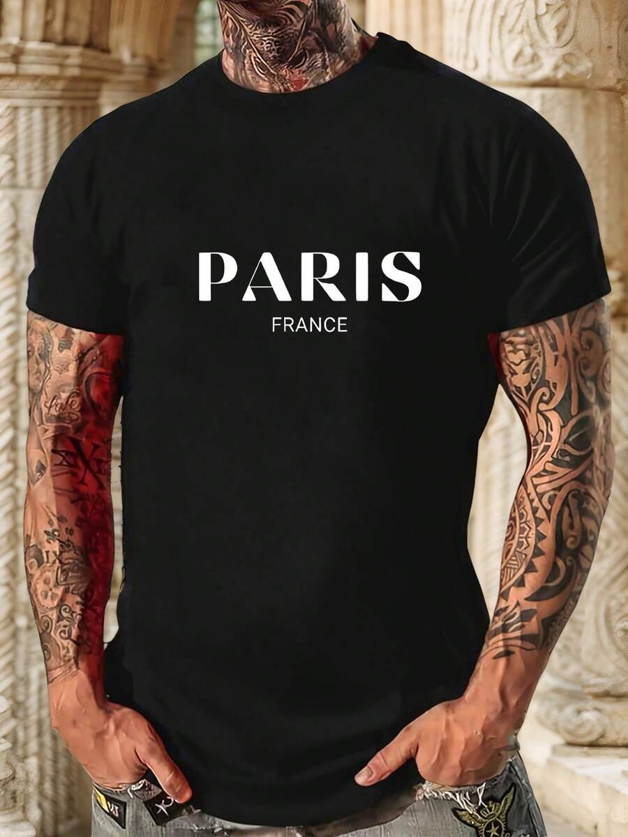 Camiseta de Moda Urbana Gráfica para Hombre de París, Francia - Camiseta Casual de Verano Amarillo Vibrante con Impresión de Texto en Negrita. Cuello Redondo; Manga Corta para Salidas Urbanas. Elección de Ropa para Turistas. Estilo de Calle Moderno. Tela no transparente - Negro - Ver 1