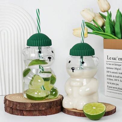 1pc 500ml/17oz Mini Bear Shaped Plastic Straw Water Bottle, Lightweight And Durable, Compact And Elegant Design With Straw, Suitable For Indoor, Office, School, Classroom, Children, Coffee, Tea, Soda, Beverages, Christmas, New Year, Back To School, Birthday Ideal Gift