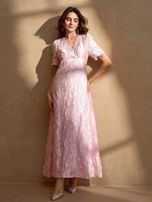 优雅镂空面料高端蕾丝拼接年轻女士时尚连衣裙 - 粉色 - 查看 6