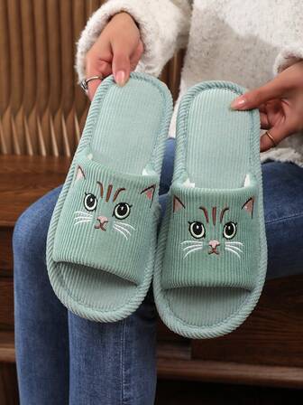 Pantuflas de mujer de pana con bordado de gato lindo y creativo, cómodas y de felpa sólida a rayas para uso en interiores, casual y playa, adecuadas para todas las estaciones