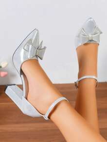 1 Pair Fashionable, Breathable Thick Heel High Heels With Bowknot Pointed Toe, French Style Strap Hollow Chunky Heel Sandals For Teenagers - Silver - View 2