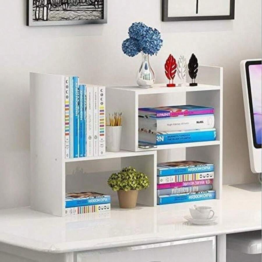Wood Adjustable Bookshelf Bookcase Expandable Desktop Storage Organizer Display Shelf Rack Office Supplies Desk Organizer White - White - View 1