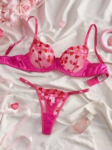 1 Set Women's Sexy Lingerie, Magenta Mesh Heart Embroidery Bra & Adjustable Panty Set, Sheer & Romantic, Intimate Gift For Couples - 玫紅色 - 查看 1