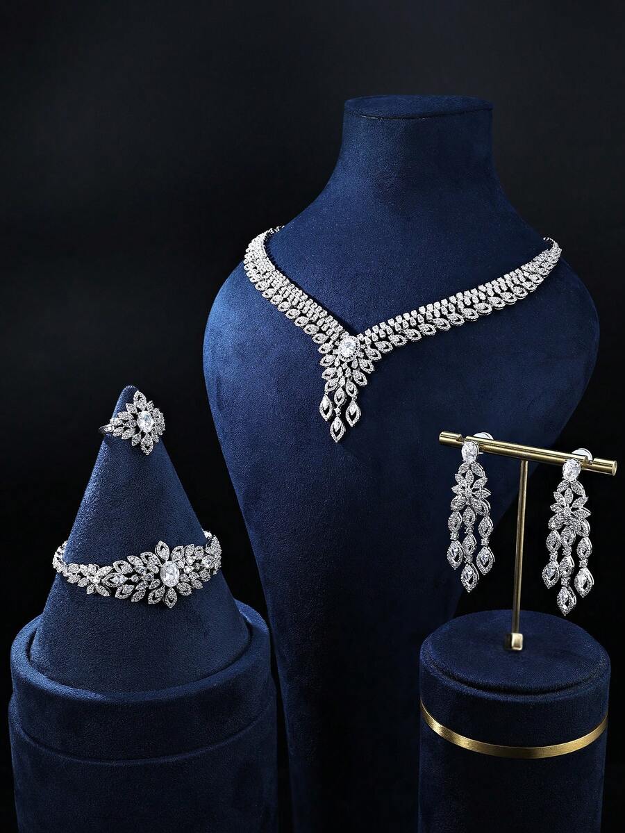 Platinum Plated Cubic Zirconia Main Stone Floral Necklace Set, Necklace, Earrings, Ring, Bracelet, Suitable For Women's Party And Daily Wear - Platinum Short Tail Floral Four-piece Set - View 1
