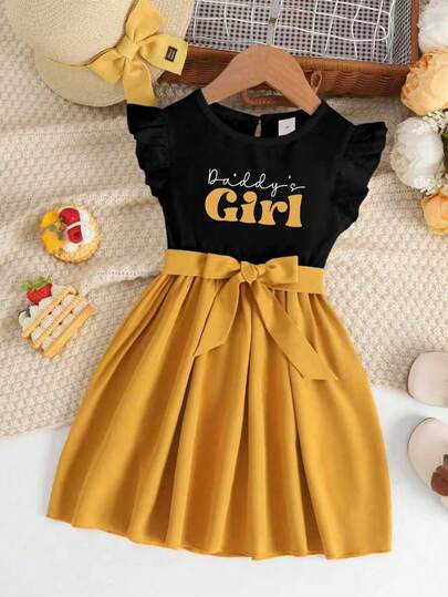 Young Girl Letter Print Ruffle Hem Contrast Color Dress