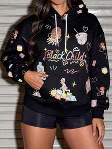 LOVE JOYY Women's Black Hooded Drawstring Sweatshirt, Casual And Stylish, Retro Street Style, Fun Cartoon Art Pattern, Suitable For Everyday Commuting Or Parties. - Black - View 3