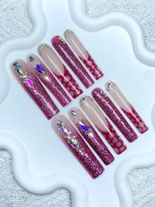 10 Stücke Y2K extra lange französische Pressage-Nägel mit voller Abdeckung, handgemachte Pressage-Nägel mit 3D glänzenden Strass-Dekorationen, perfekt für Hochzeiten, Partys, Valentinstag, Geburtstage, Weihnachtsgeschenke, hervorragend passend, wiederverwendbar, 1 Stück Gelee-Gel/1 Stück Mini-Reibestreifen, abnehmbares Pressage-Nagel-Set, geeignet für Damen und Mädchen für Feiertagspartys und den täglichen Gebrauch, Nagelkunst