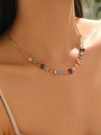 1pc Luxurious Multicolor Cubic Zirconia Stone Necklace, Elegant Zirconia Embedded Necklace For Women, Suitable For Party And Holiday Wear, Valentine's Day Gift