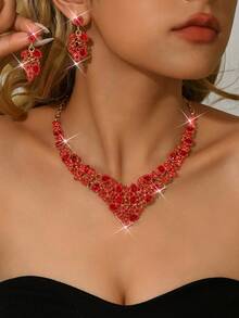 Women's Rose Gold-Tone Filigree & Rhinestone 2 Pieces Jewelry Set (Necklace+Earrings) - Luxe Evening Party Jewelry