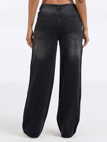 Wanduyini Women's Rhinestone Embellished Straight Leg Jeans, Shiny Denim Jeans, Washed Black - Wash Black - View 3