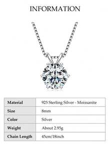 XUJIA 1件925银8毫米（2克拉）圆形莫桑石吊坠项链，女士经典时尚六爪吊坠项链，珠宝礼品，适合情侣佩戴