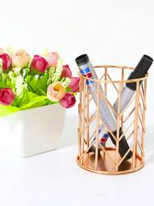 1pc V-Shaped Golden Pen Holder/Desk Organizer Box, Multifunctional, Diverse Styles. Golden Nordic Style Cosmetic Storage Box. - Multicolor - View 2