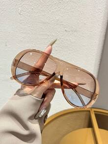 Transparent Frame Fashion Glasses With Light Brown Gradient Lens, One-Piece PC Large Frame, High-End Street Style For Party, Daily Wear, Cafe, Compact Face, Versatile, Fashionable - Ombre - View 5