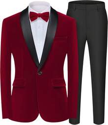 2026 Men's Casual Blazer & Pant Set  Men's 2 Piece Velvet Suit Peak Lapel One Button Slim Fit Tuxedo Blazer Party Dinner Jacket & Pants Relaxed Stretch Fit For Smart Casual Events - 紅色披肩翻領 - 查看 7