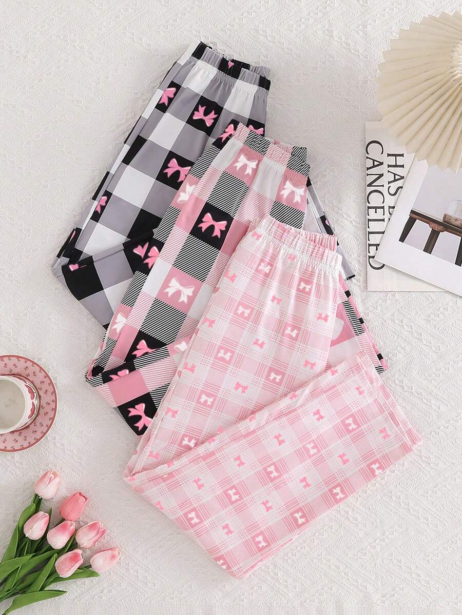 3 Styles Girls Casual Plaid Pants, Heart Pattern, Loose Wide Leg Trousers, Soft & Comfortable, Suitable For Spring & Autumn, Children - Pink - View 1