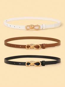 3条装儿童新款细腰带，高品质PU材质打结扣腰带，适合搭配牛仔裤和连衣裙 - 黑白駝 - 查看 3